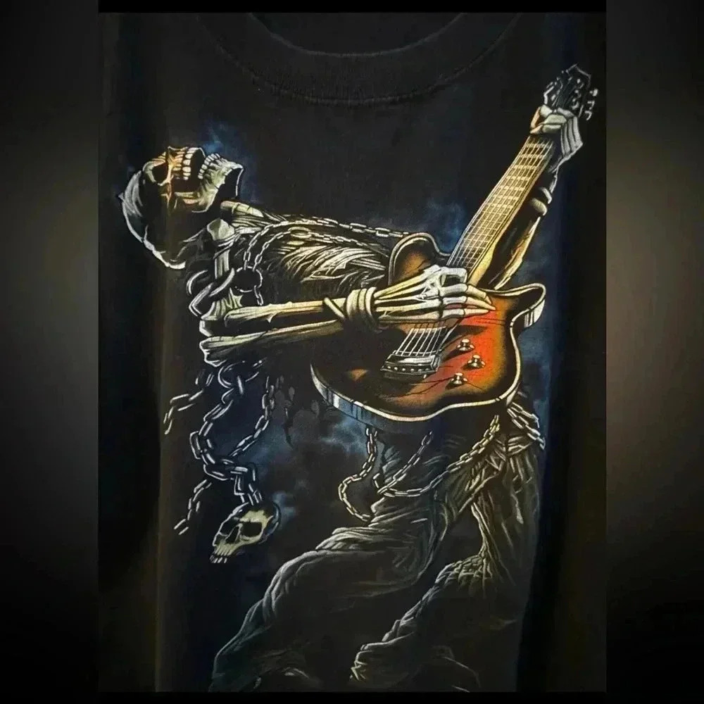 VTG Y2K Gothic Skeleton Playing Guitar Black Tshirt XL Unisex 100% Cotton Anvil - Picture 3 of 10